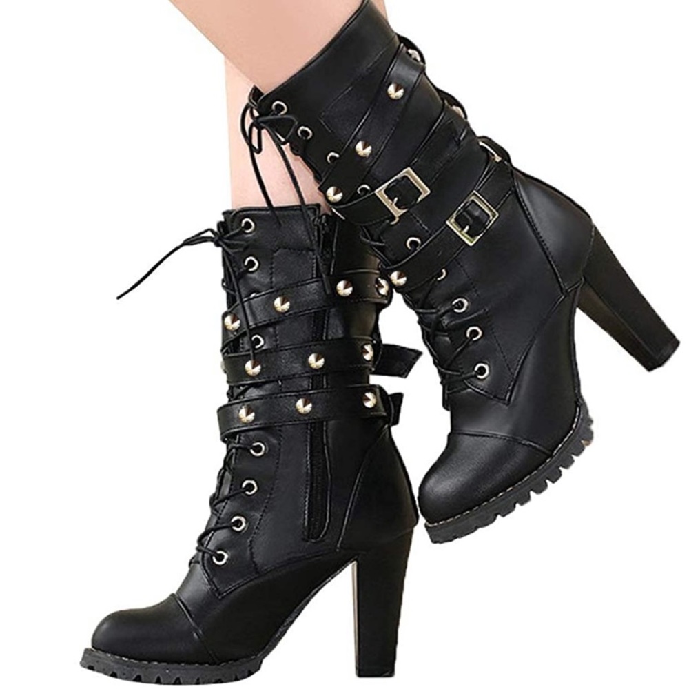Black Leather Close Toe Mid Calf Moto Combat Boots